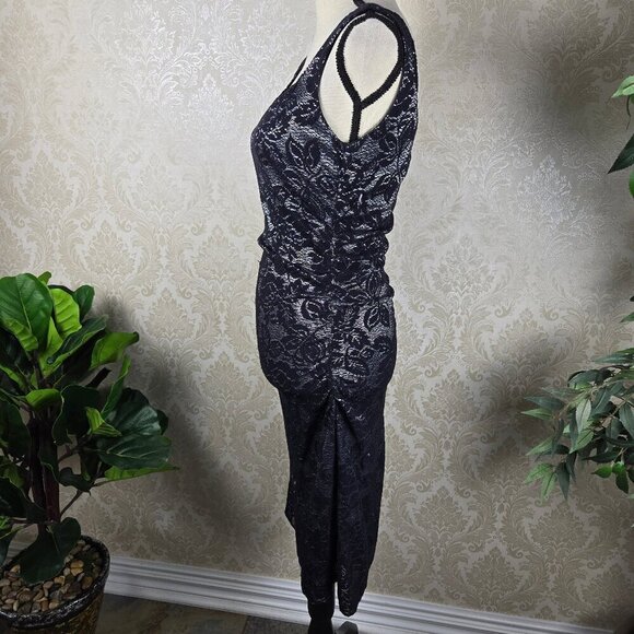 Laundry by Shelli Segal Size 6 Black Silver Bodycon Cocktail Dress Lace Pattern - Picture 6 of 16
